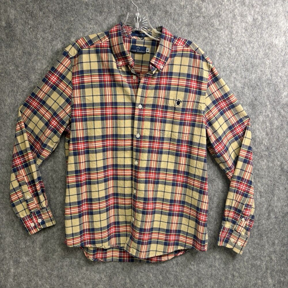 Simply Southern Plaid Yellow Navy Red Button Down Shirt Size Med Long Sleeve